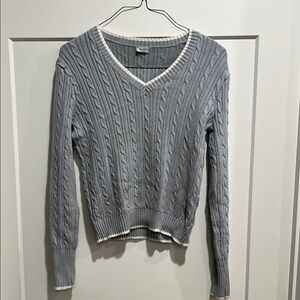 Gray Cable Knit V-Neck Sweater